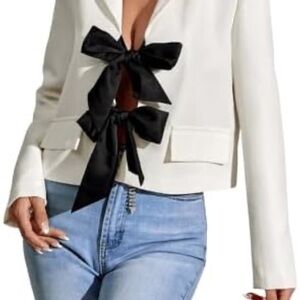 SHEIN White Blazer with Black Bow Accents